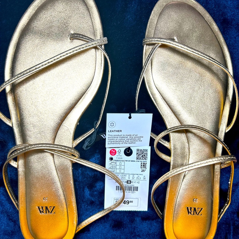 Zara Leather Gold Metallic Sandal Size 8- NWT